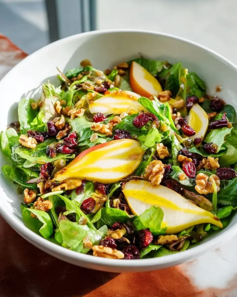Autumn Pear Salad with candied walnuts and balsamic vinaigrette on a rustic table