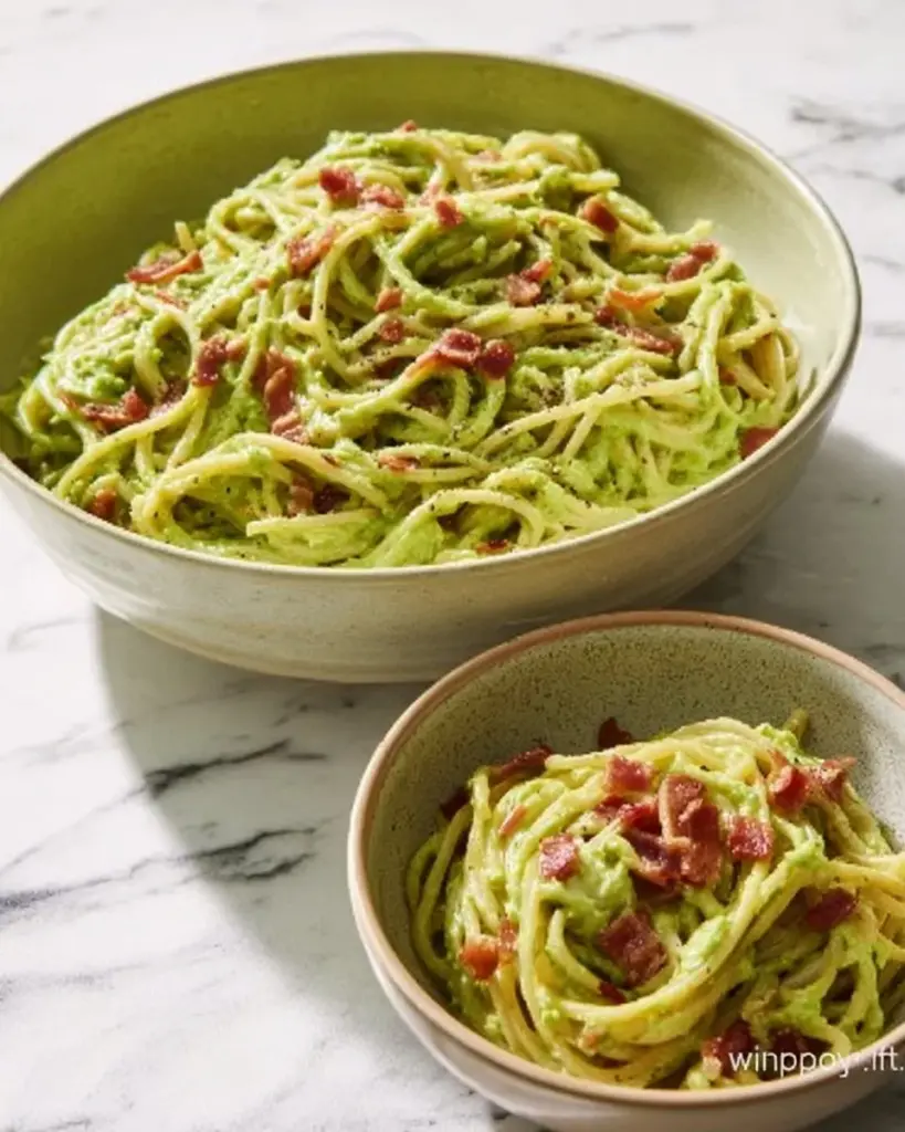 Delicious Avocado Carbonara pasta dish topped with fresh herbs