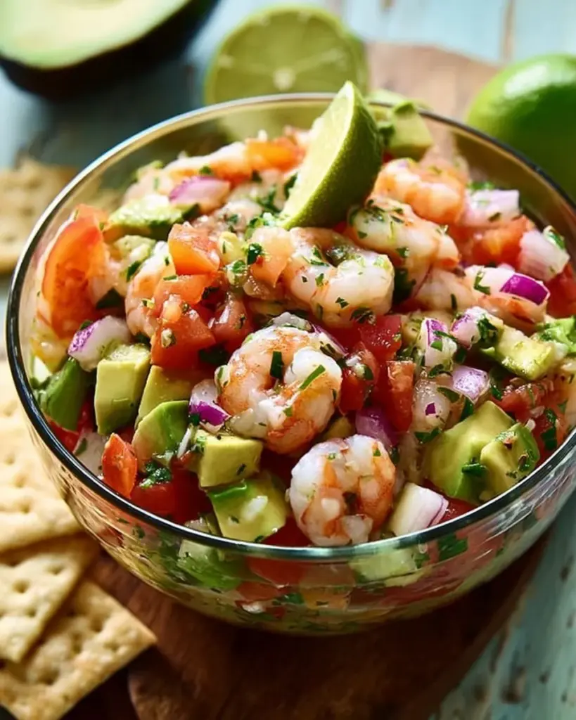Delicious avocado shrimp ceviche with fresh ingredients served in a bowl