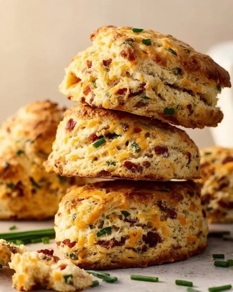 Freshly baked Bacon Cheddar Chive Scones on a rustic wooden table