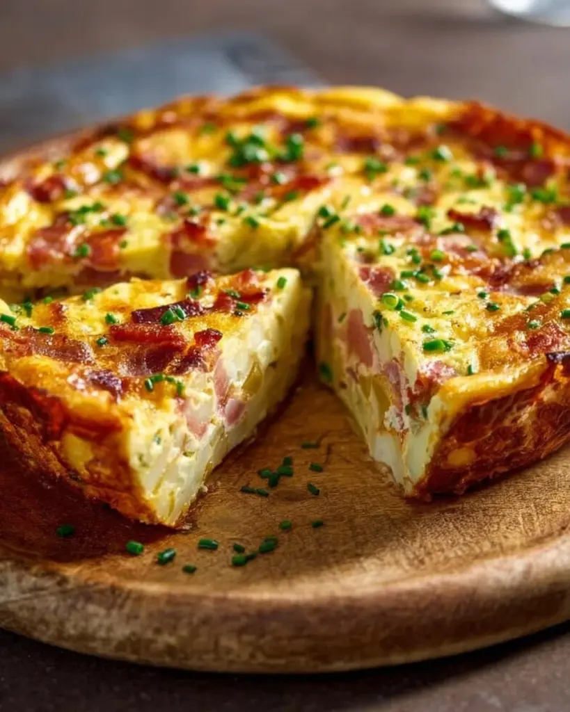 Bacon Potato Frittata with crispy bacon and diced potatoes in a golden crust.
