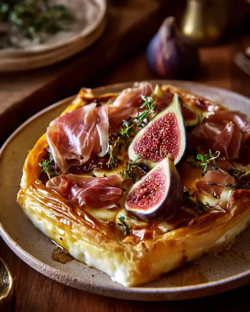 Baked brie in puff pastry with honey, fig, and prosciutto on a wooden serving board.