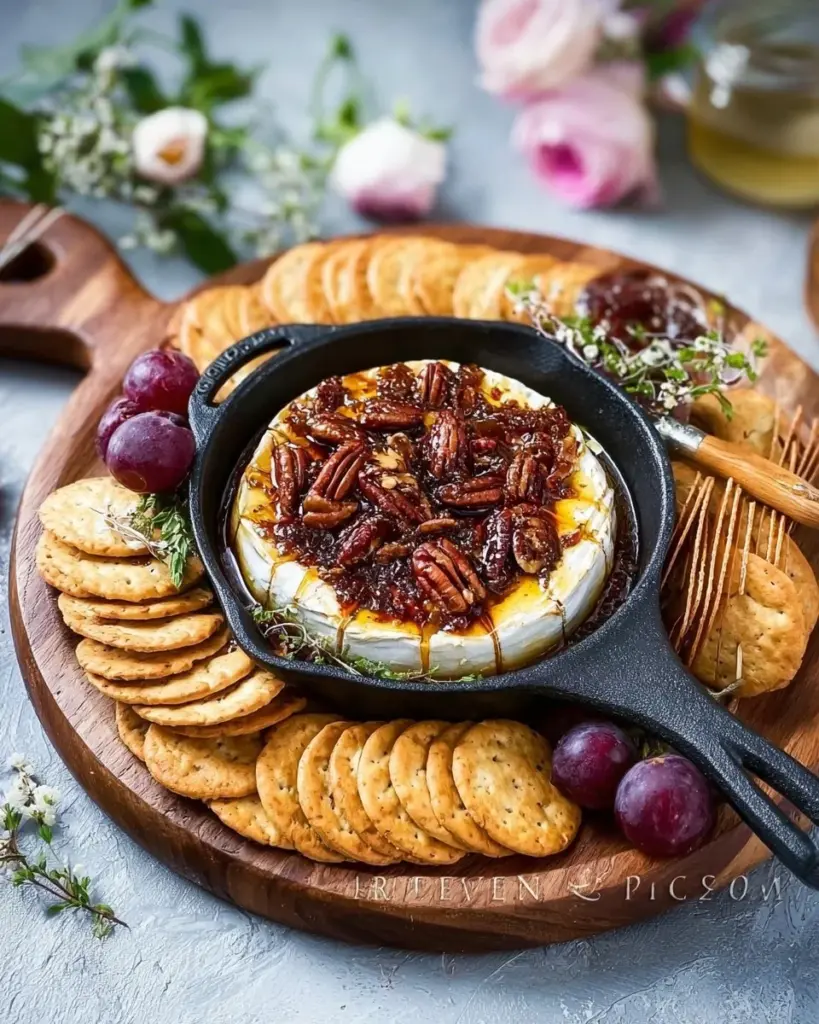 Baked Brie topped with fig jam and pecans, served warm and gooey.
