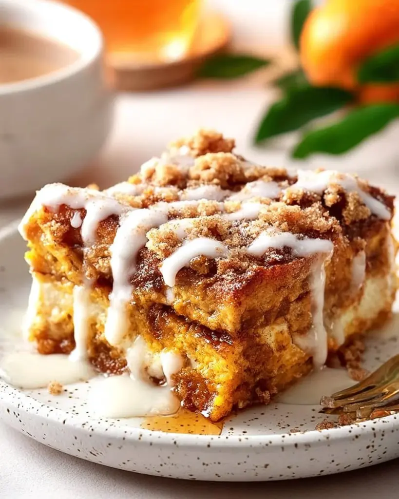 Baked gluten-free pumpkin french toast casserole fresh out of the oven