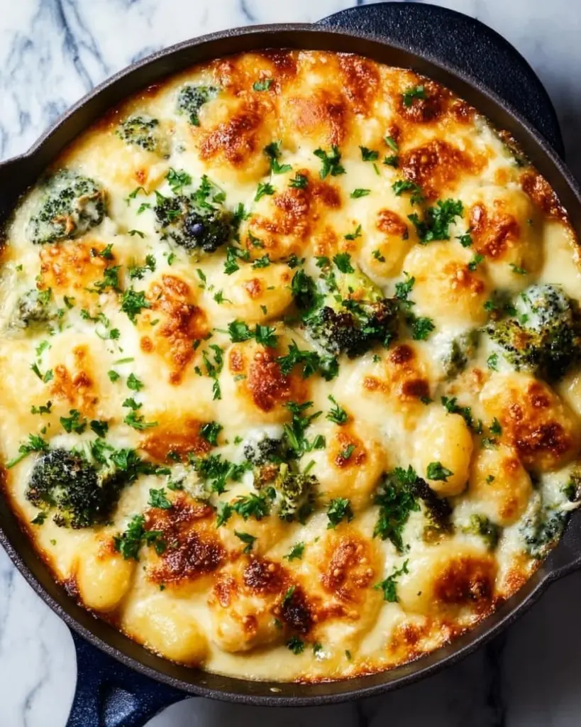 Baked gnocchi with broccoli topped with cheese in a casserole dish