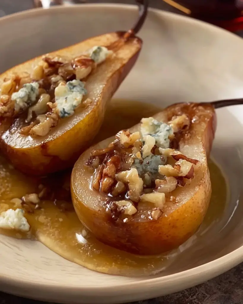 Delicious Baked Gorgonzola Pears served on a plate