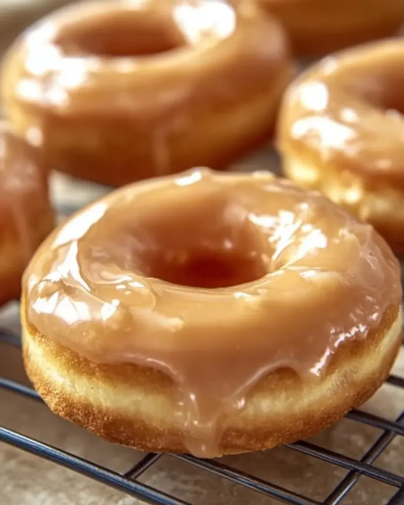 Freshly baked vanilla donuts topped with a sweet glaze