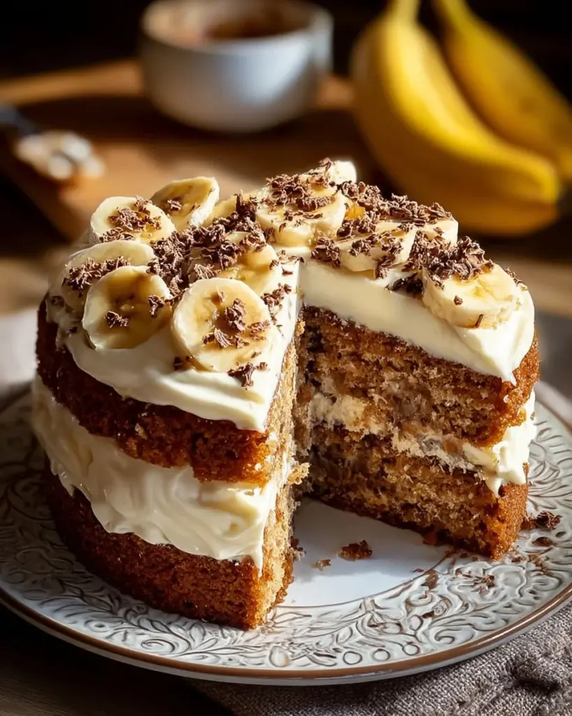 Delicious banana bread cake with cream cheese frosting on a decorative plate