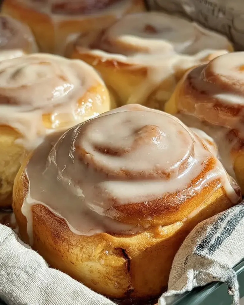 Freshly baked banana bread cinnamon rolls drizzled with cream cheese glaze.