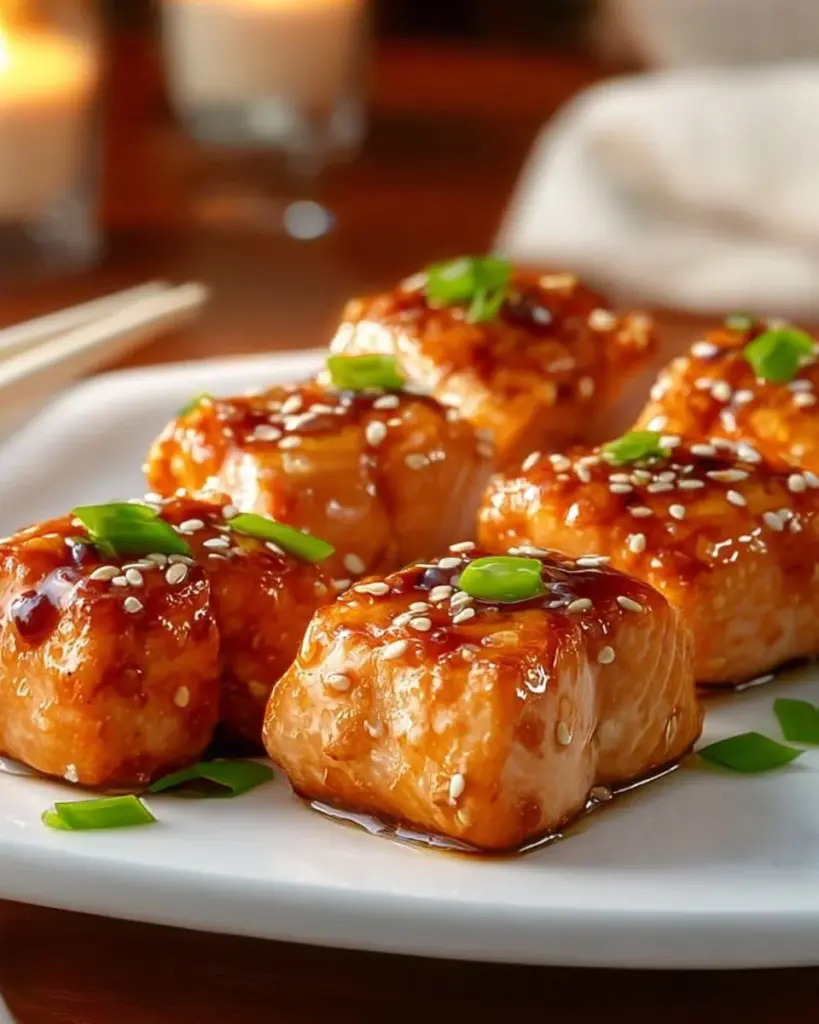Delicious Bang Bang Salmon Bites with a spicy sauce served in a bowl
