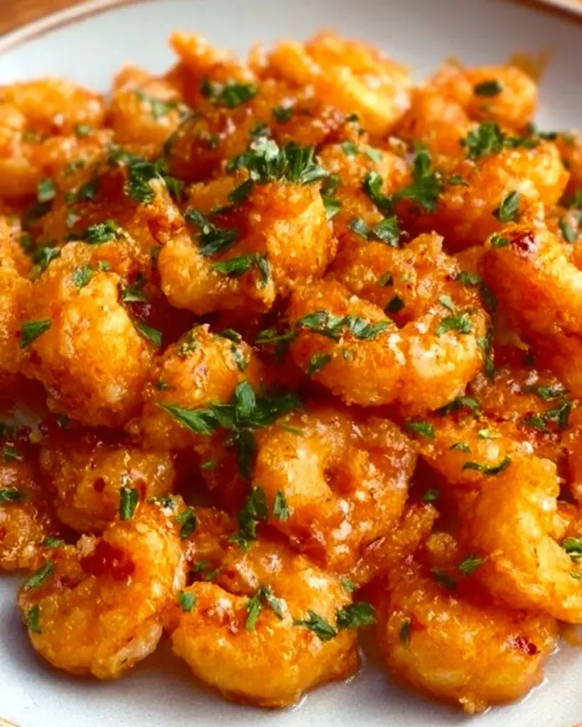 Plate of spicy Bang Bang Shrimp with creamy sauce and garnishes