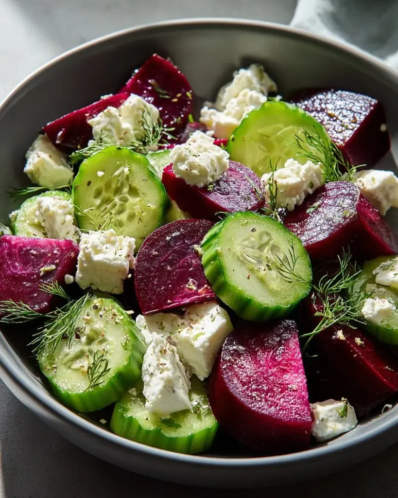 Colorful beet salad with fresh greens and vinaigrette dressing.