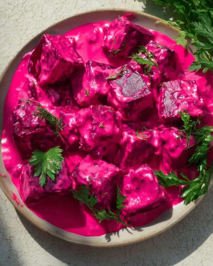 Healthy and vibrant beetroot salad dip served in a bowl with fresh herbs.