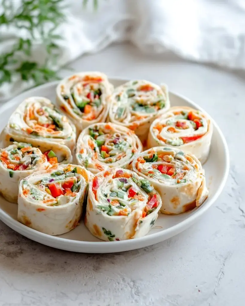 Delicious veggie pizza pinwheels ready to serve at a party.