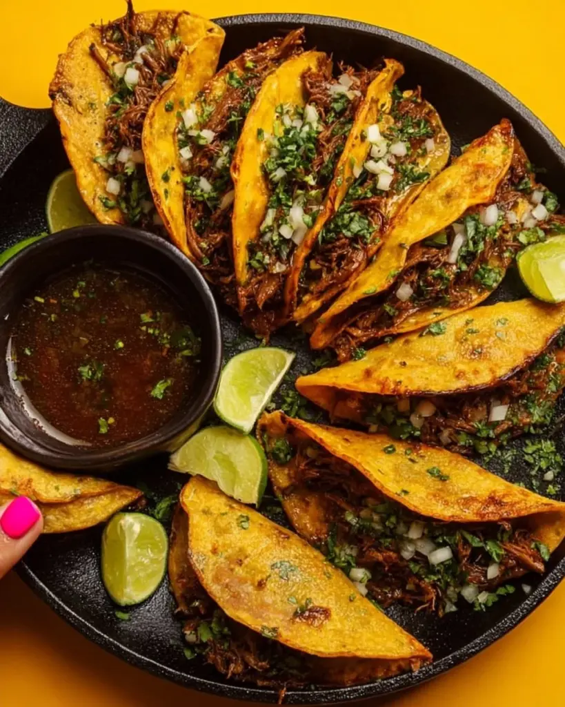 Delicious Birria Tacos served with toppings on a wooden table