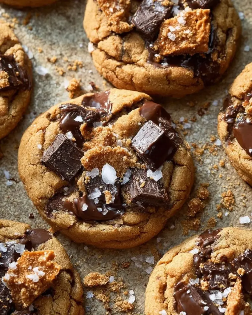 Biscoff Chocolate Chip Cookies with melted chocolate chips and cookie crumbs