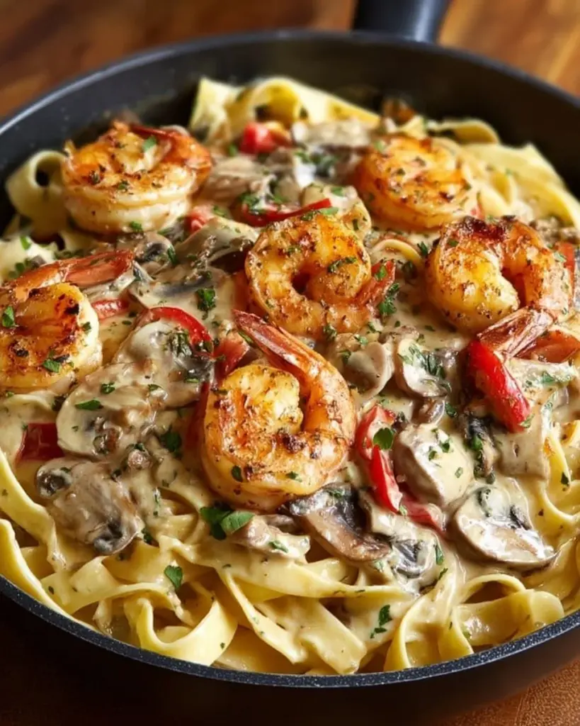 Blackened Shrimp Stroganoff topped with creamy sauce and spices