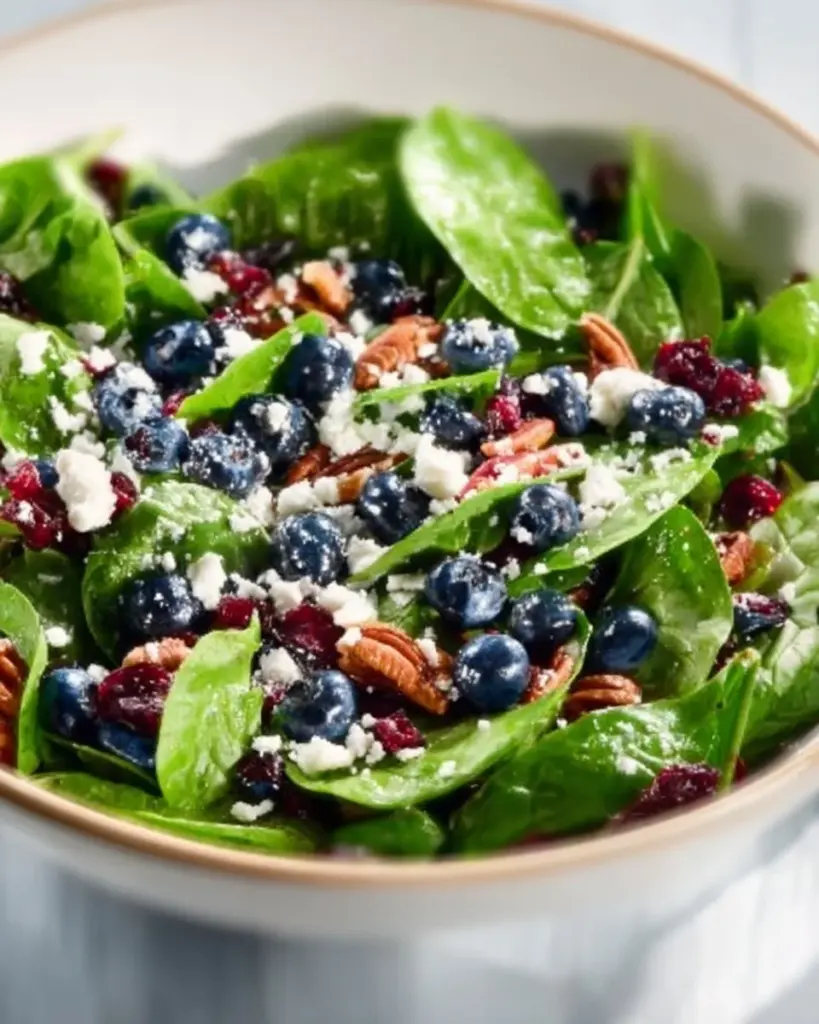 Blueberry Spinach Salad topped with Honey Balsamic Dressing
