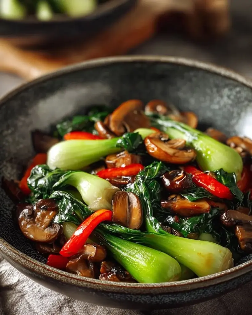 Bok Choy and Mushroom stir fry served in a colorful dish with fresh vegetables