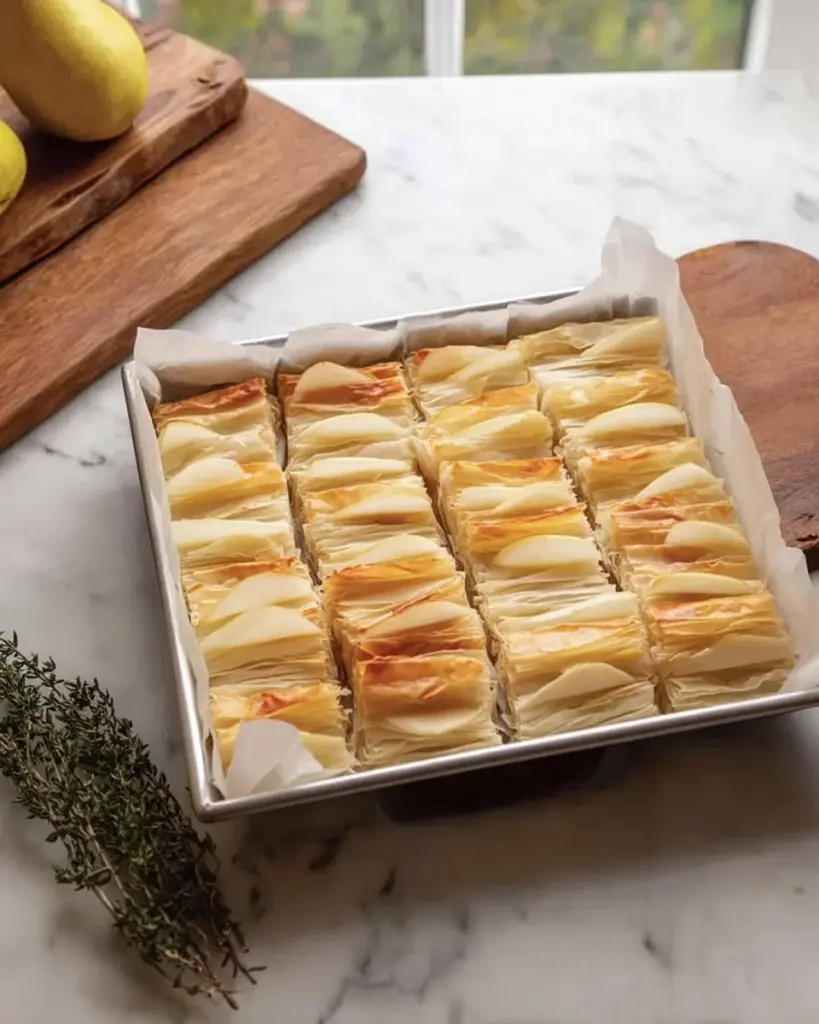 Brie and Pear Filo Pastry Tart with fresh ingredients and flaky crust