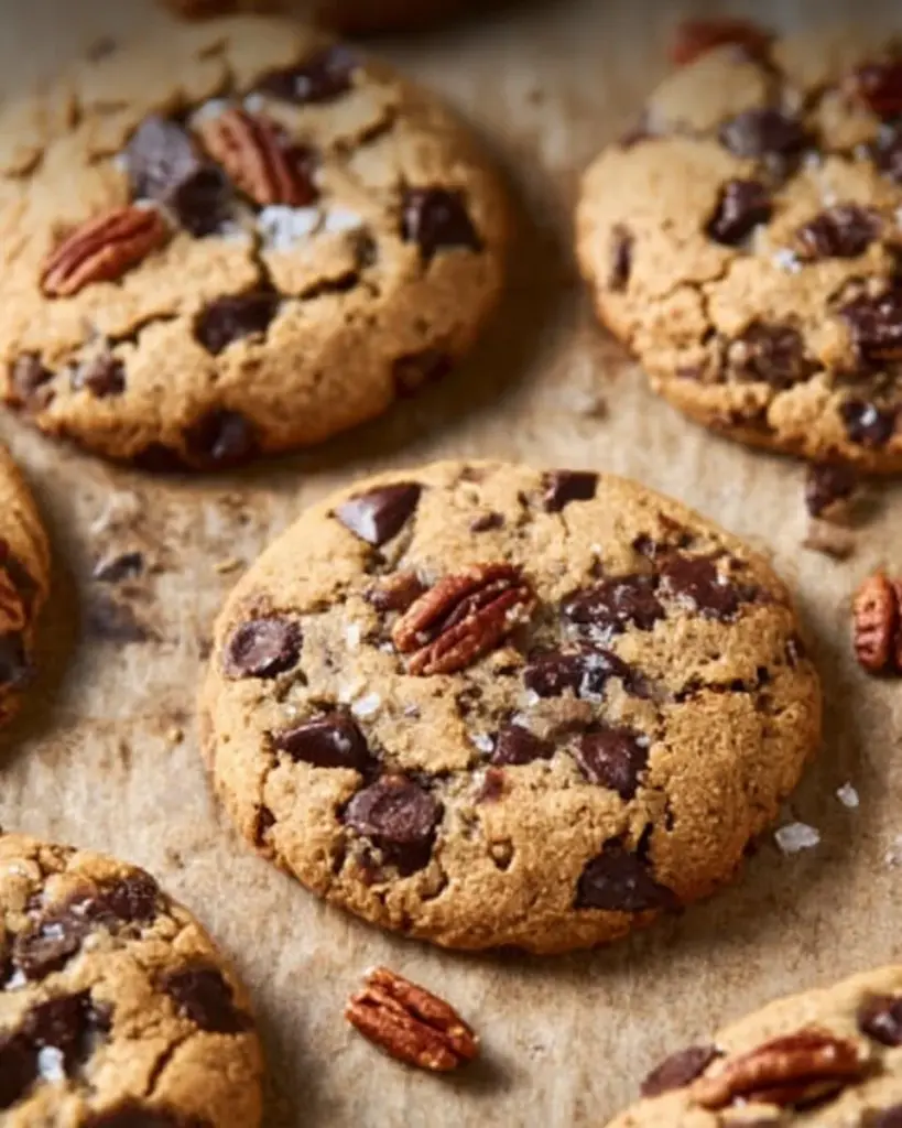 Delicious brown butter pecan chocolate chip cookies on a plate