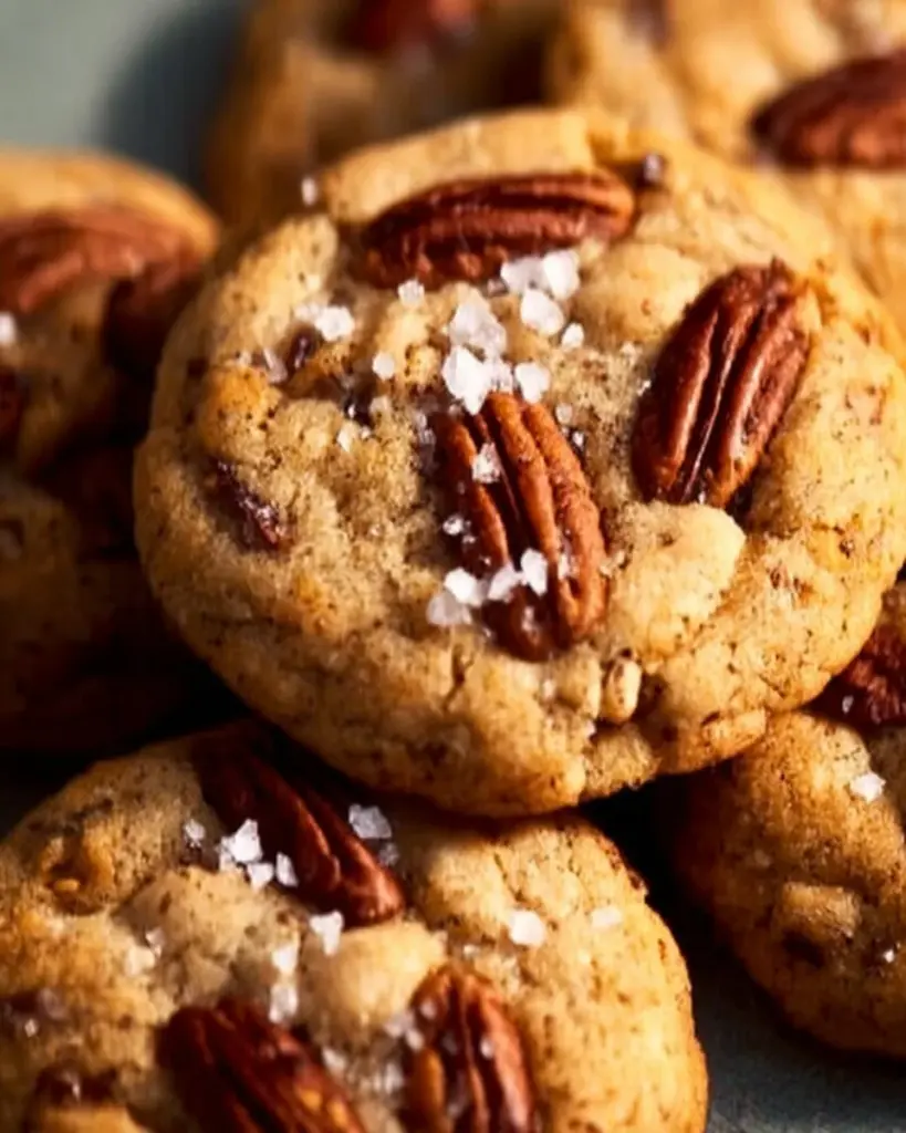 Delicious brown butter pecan chocolate chunk cookies on a plate.