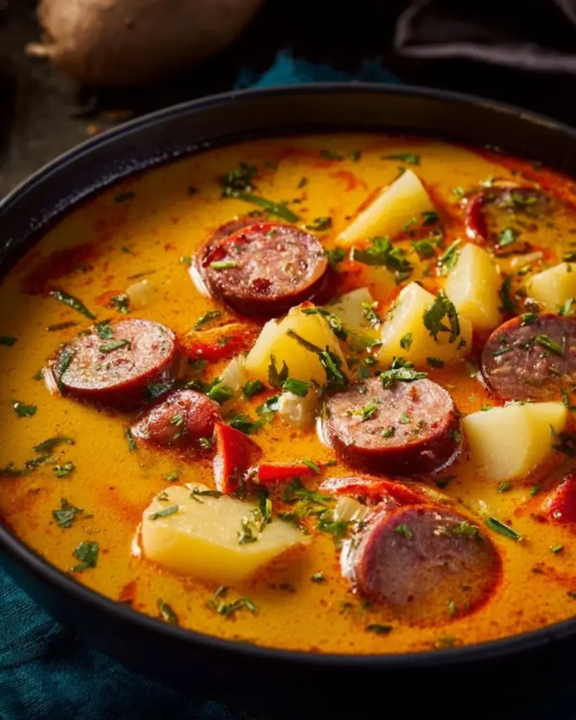Delicious Cajun Potato Soup in a bowl garnished with green onions and spices.