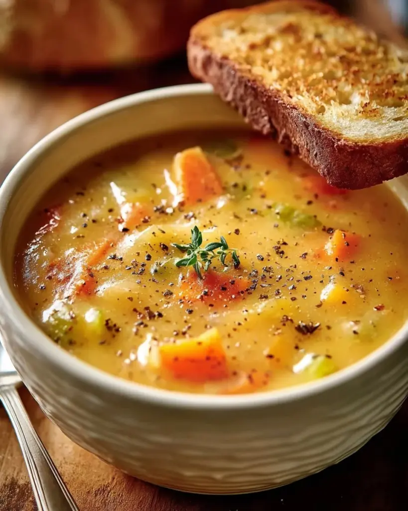 Bowl of creamy Canadian cheese soup garnished with herbs