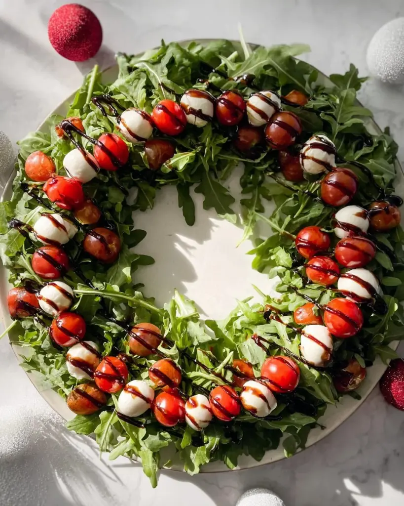Delicious Caprese Salad Wreath with basil, tomatoes, and mozzarella cheese