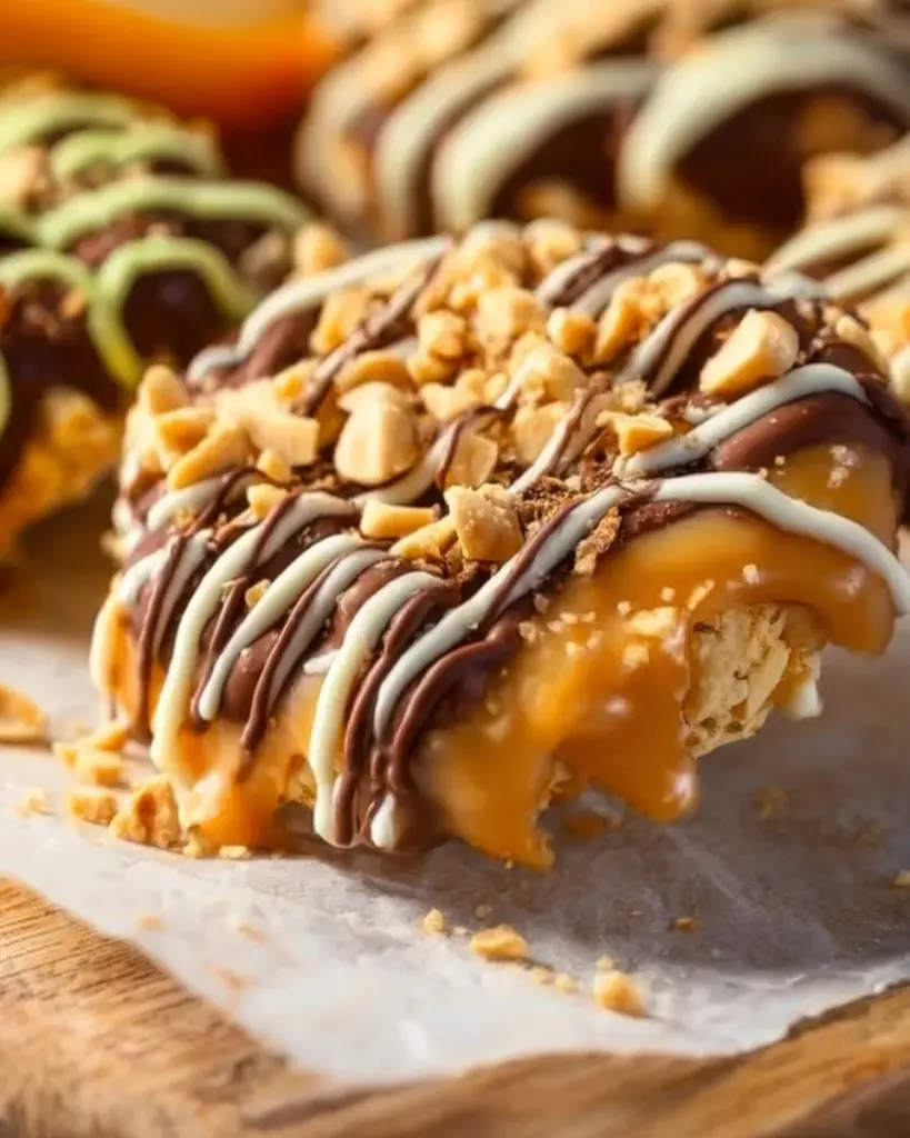 Delicious caramel apple slices drizzled with chocolate and topped with nuts.