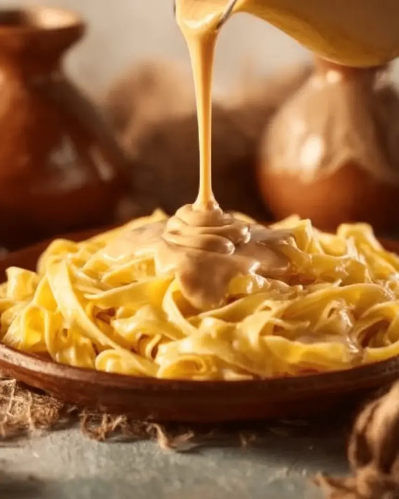 Creamy cashew cheese sauce in a bowl with fresh herbs