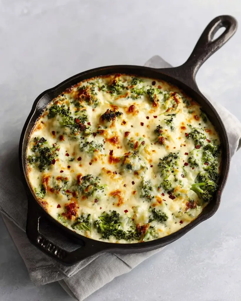 Cheesy baked gnocchi with broccoli in a casserole dish, ready to serve.