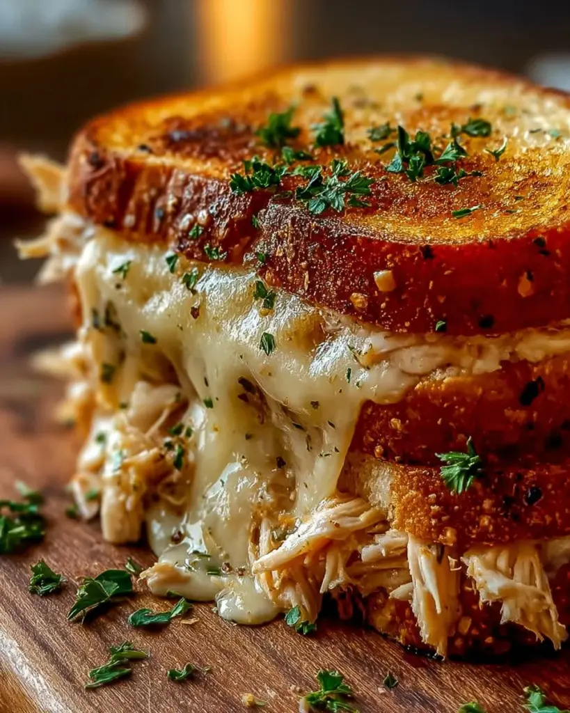Cheesy chicken garlic bread sandwich served with fresh ingredients