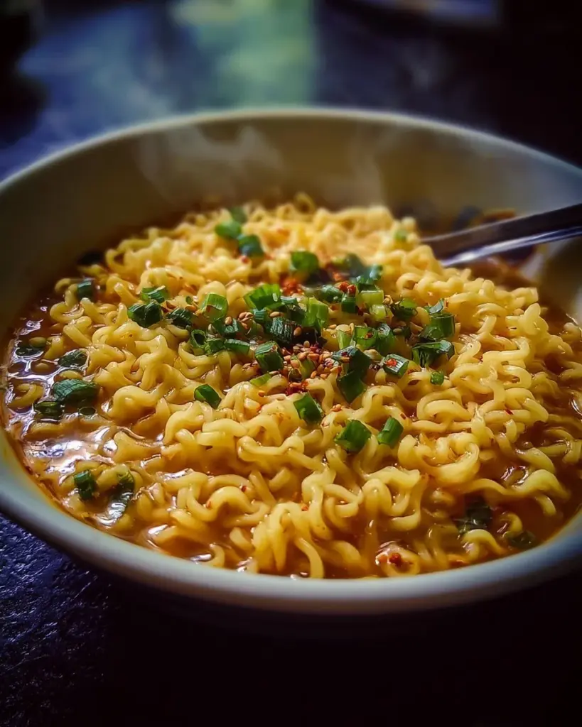A flavorful bowl of cheesy ramen topped with green onions and cheese melting.
