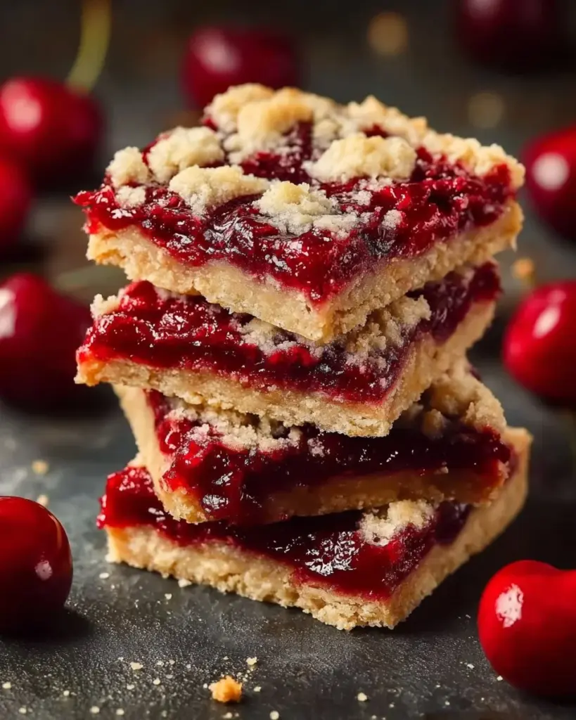 Delicious Cherry Pie Bars topped with fresh cherries and crust