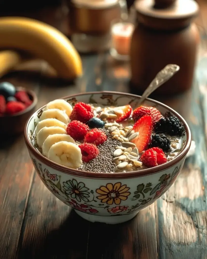 Chia Seed and Quinoa Overnight Breakfast Bowl filled with fresh fruits and nuts