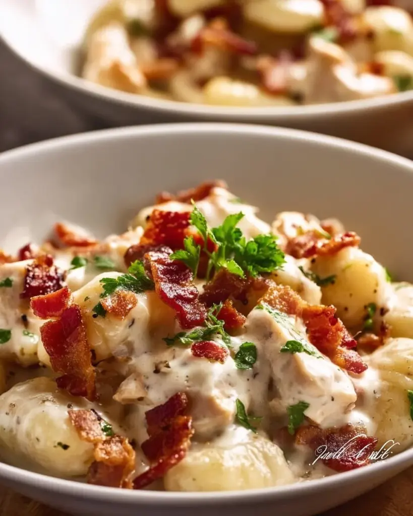 Creamy Chicken Bacon Gnocchi topped with crispy bacon and herbs