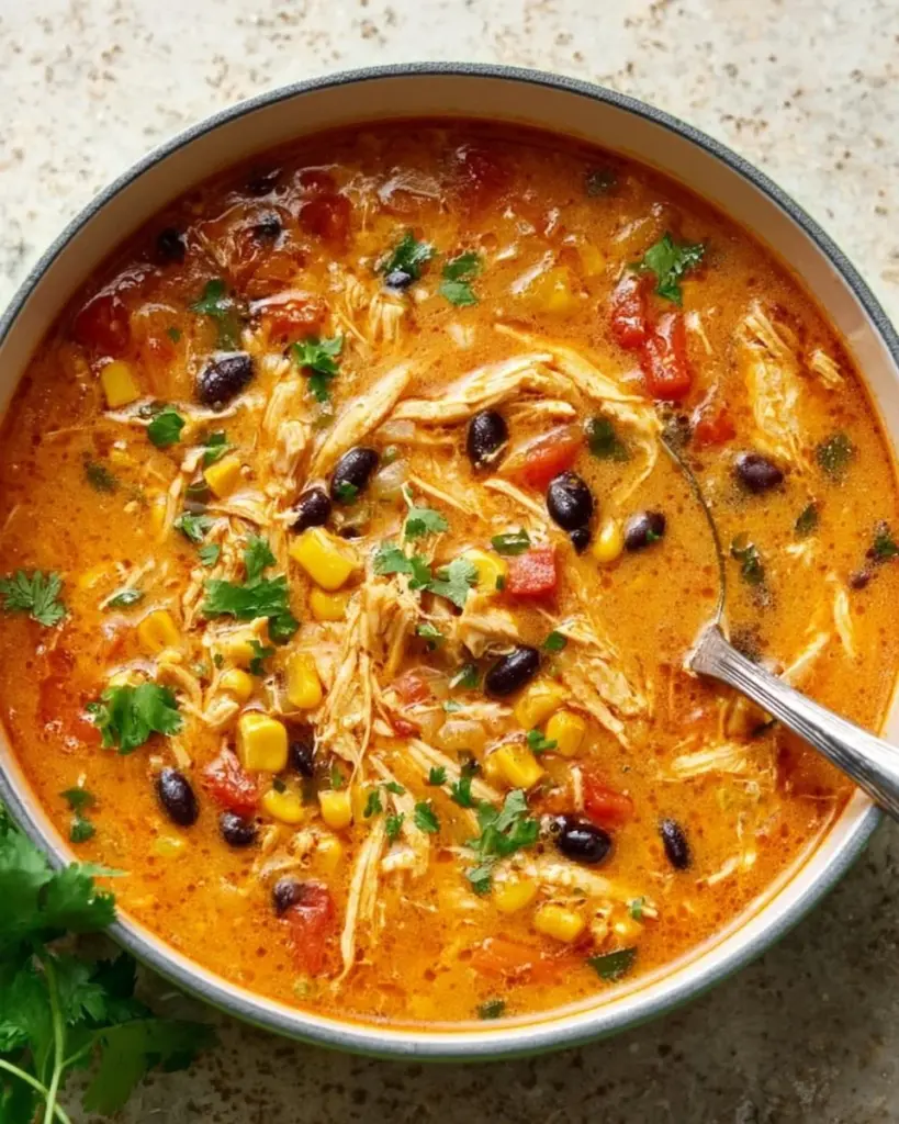 Bowl of Chicken Enchilada Soup garnished with avocado and cilantro