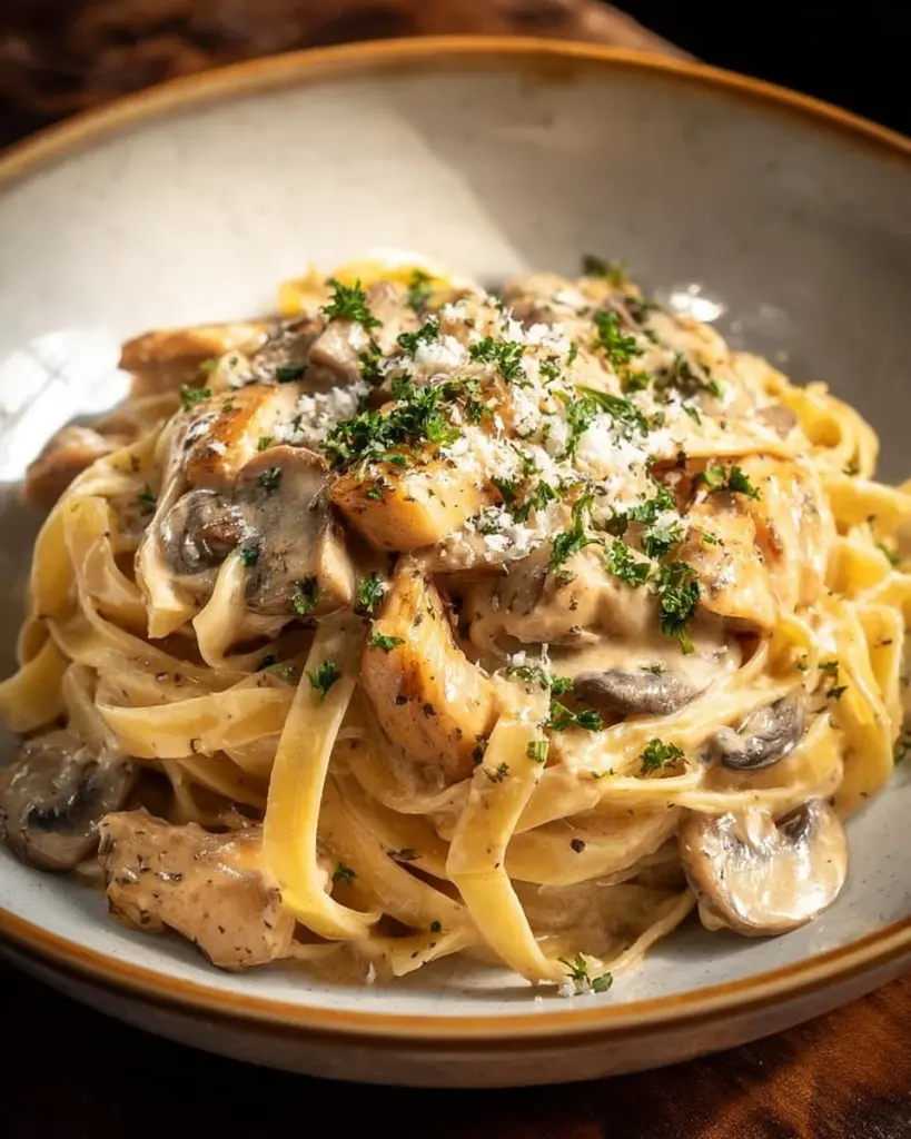Delicious Chicken Marsala Pasta garnished with fresh herbs