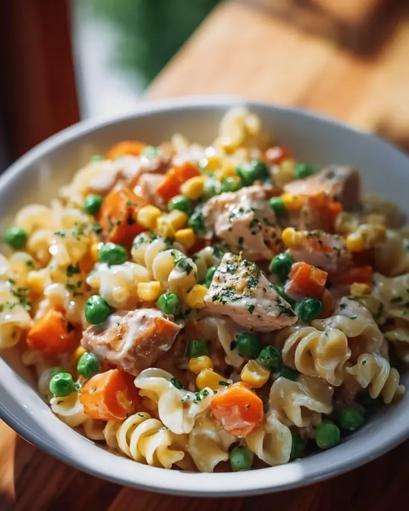 Creamy Chicken Pot Pie Pasta served in a bowl with fresh herbs