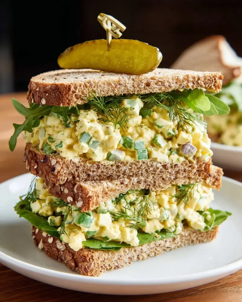 Chickpea egg salad sandwich on a plate garnished with fresh herbs
