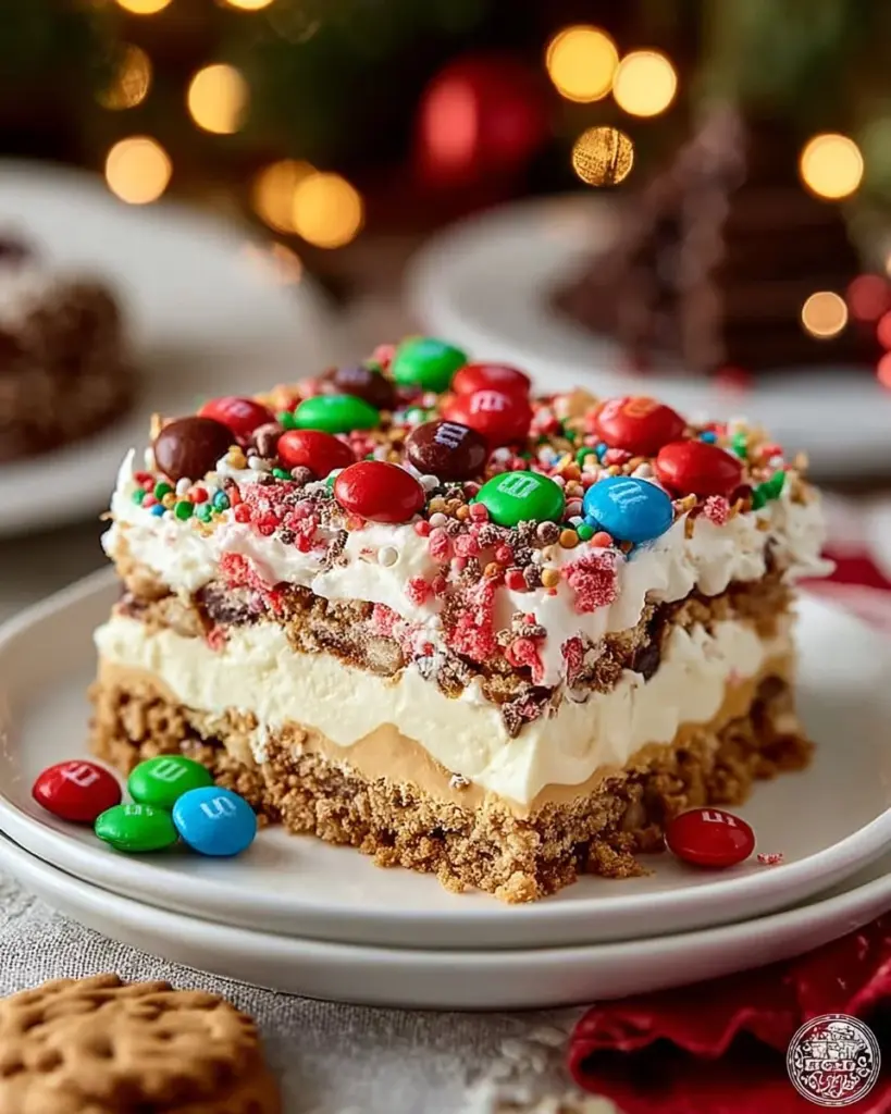 Delicious Christmas dessert lasagna with layered flavors and festive decorations