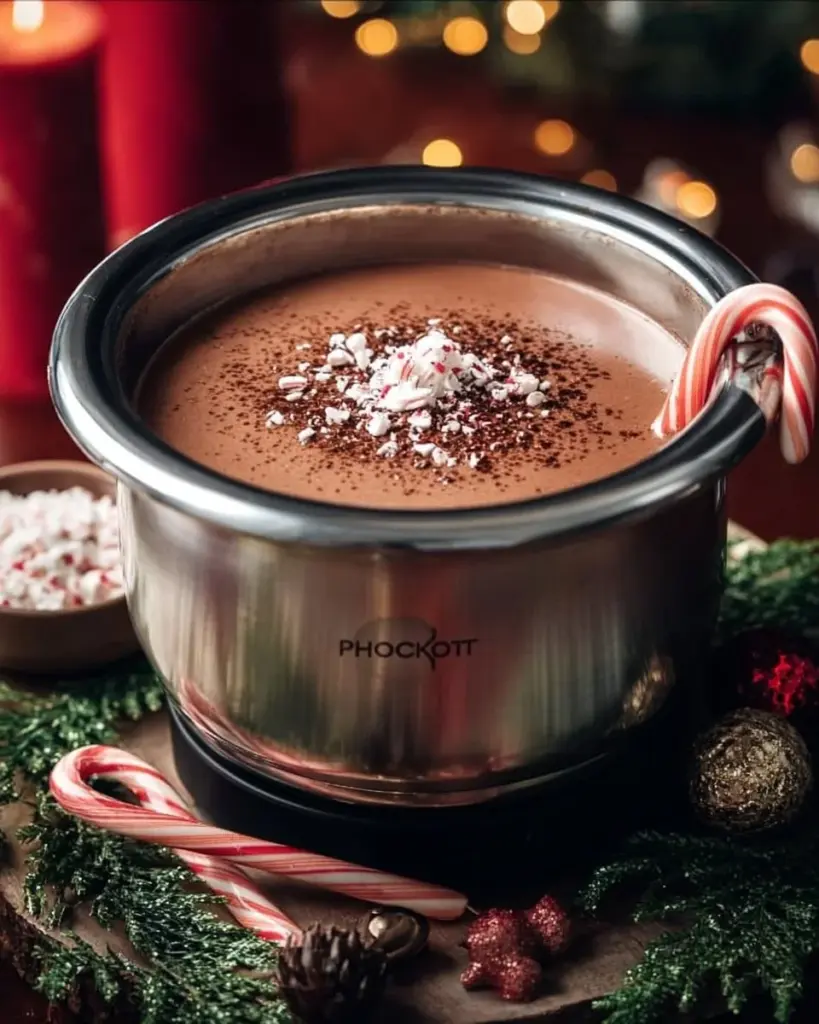 Creamy crockpot hot chocolate in a festive mug for Christmas Eve