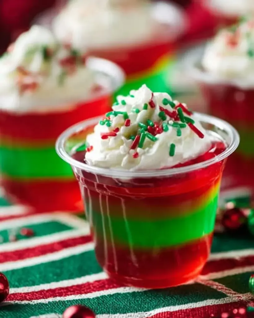 Colorful Christmas Jello Shots in festive holiday cups
