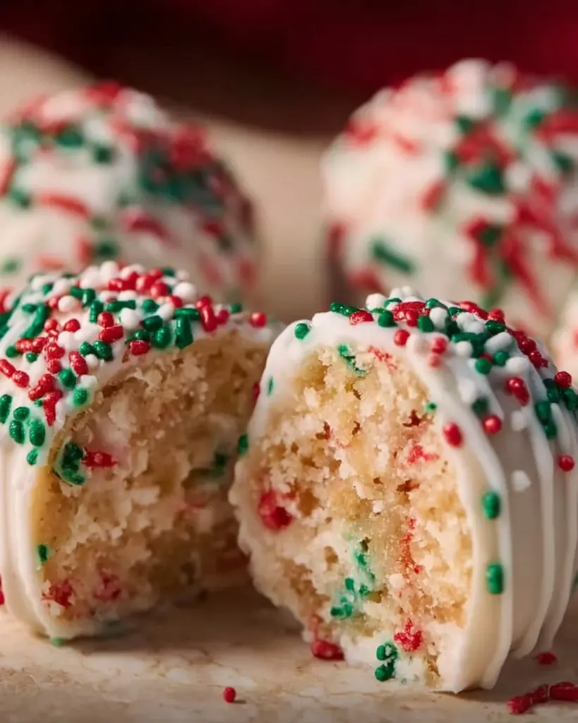 Christmas Tree Cake Truffles decorated with holiday designs