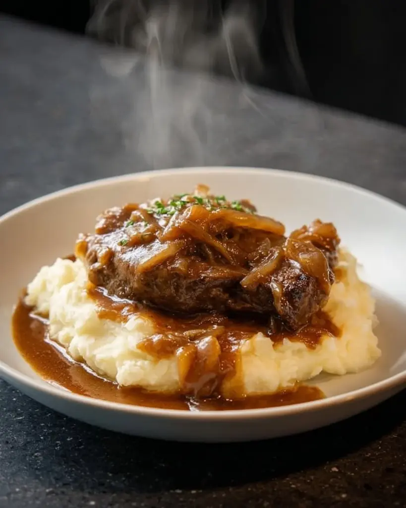 Classic Swiss steak served with rich onion gravy on a plate.
