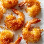 Golden brown coconut shrimp served with dipping sauce on a plate