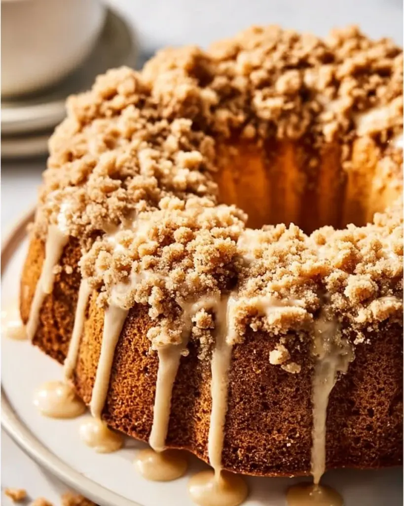 Coffee cake bundt cake with a golden crust and crumbly topping