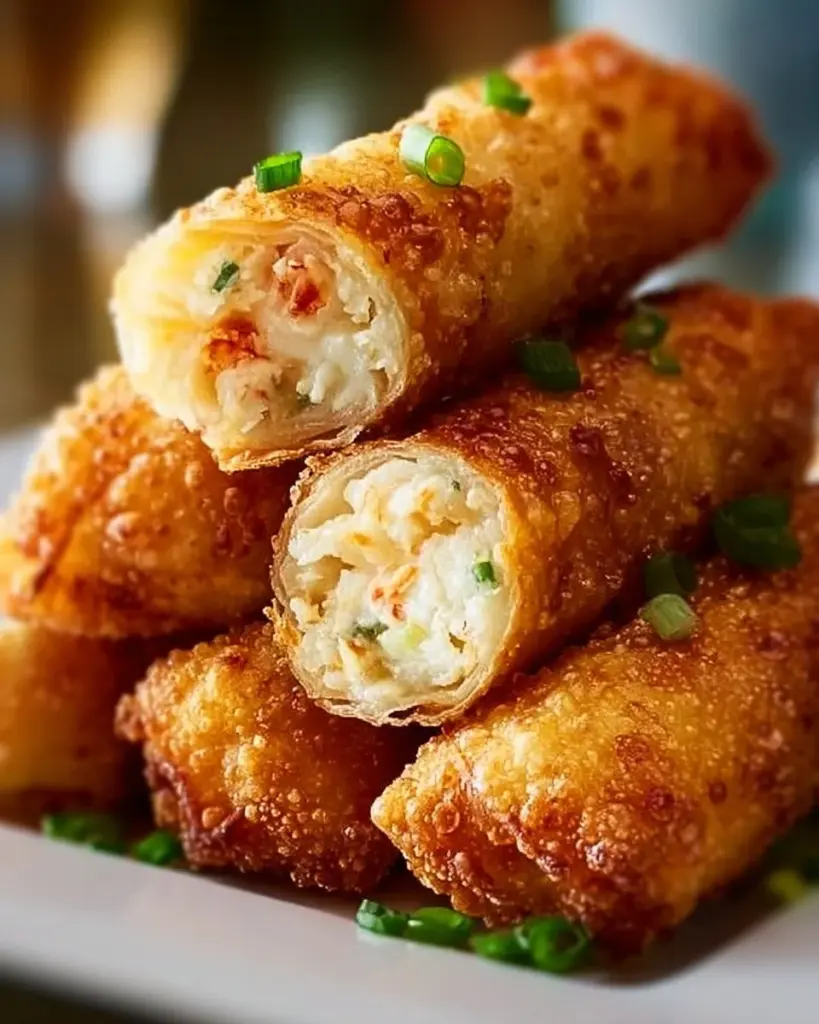 Delicious crab cake egg rolls served on a plate with dipping sauce