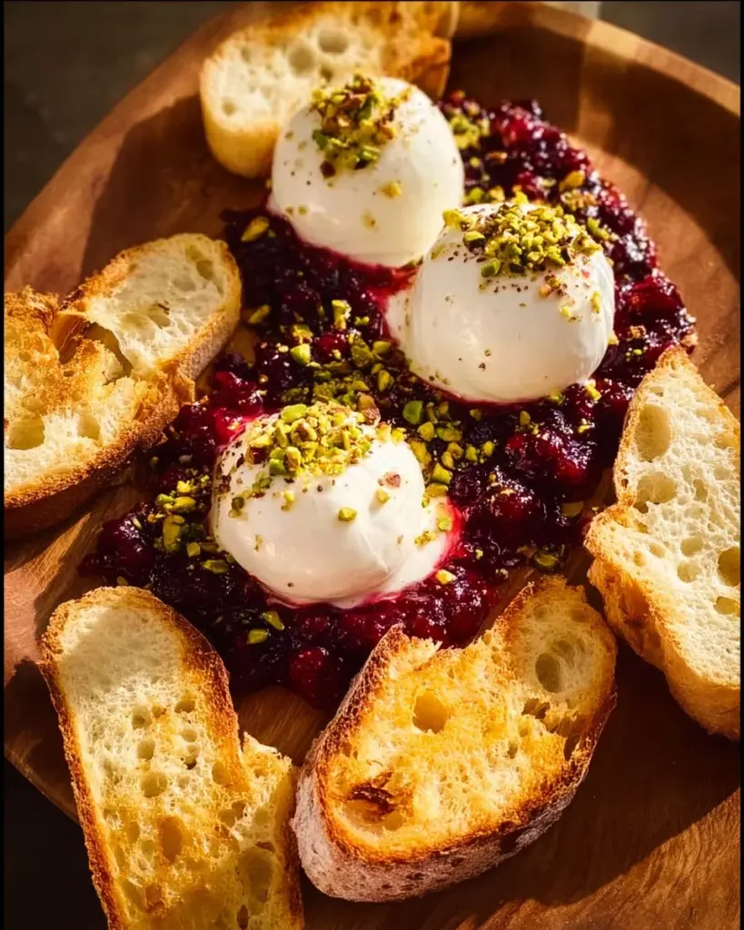 Cranberry Burrata Tart with pistachios served on grilled rolls
